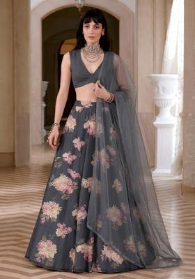Charcoal Grey Floral Print Georgette Lehenga Set