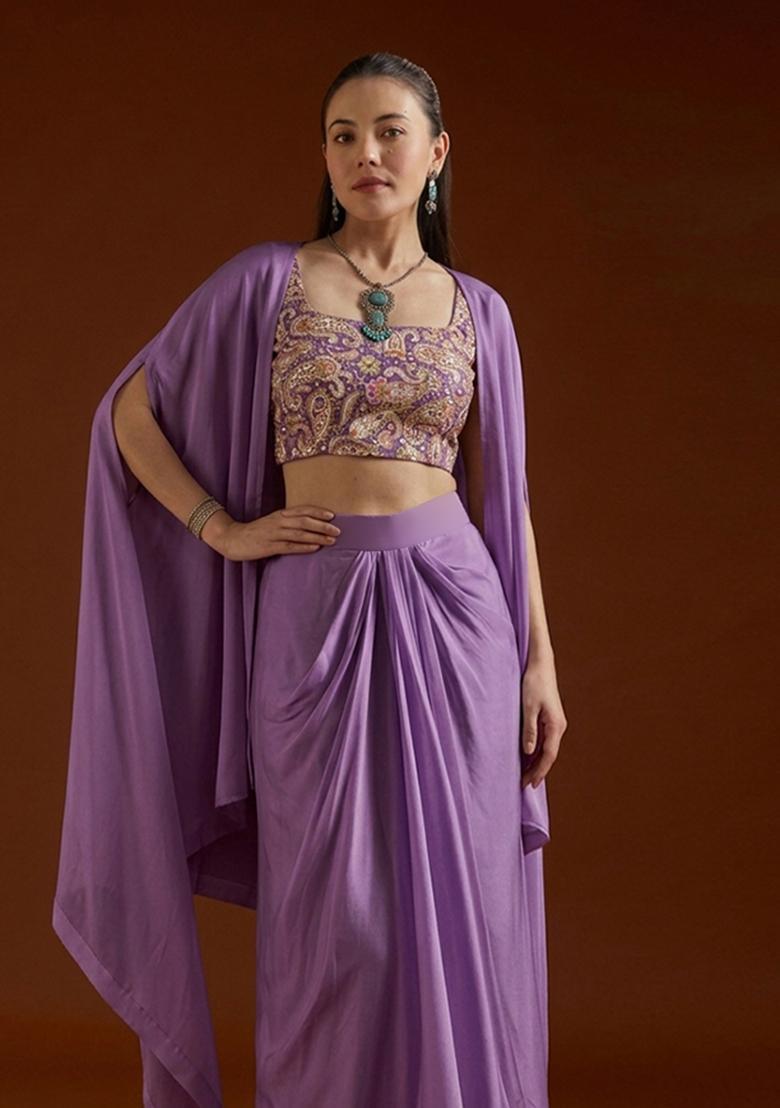 Lavender Purple Paisley Print Crepe Fusion Set - Indya