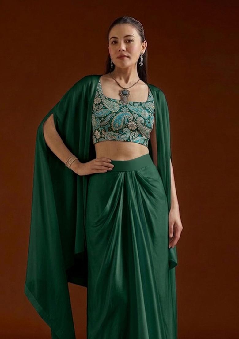 Emerald Paisley Print Crepe Fusion Set - Indya