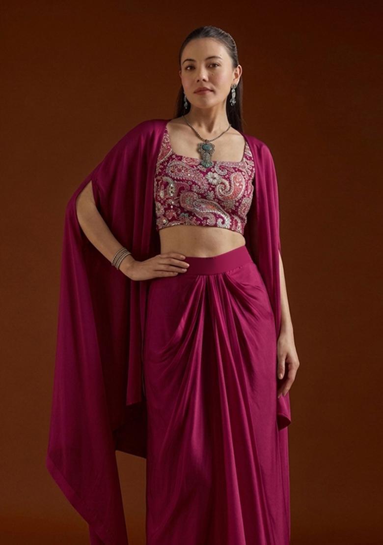 Magenta Paisley Print Crepe Fusion Set - Indya