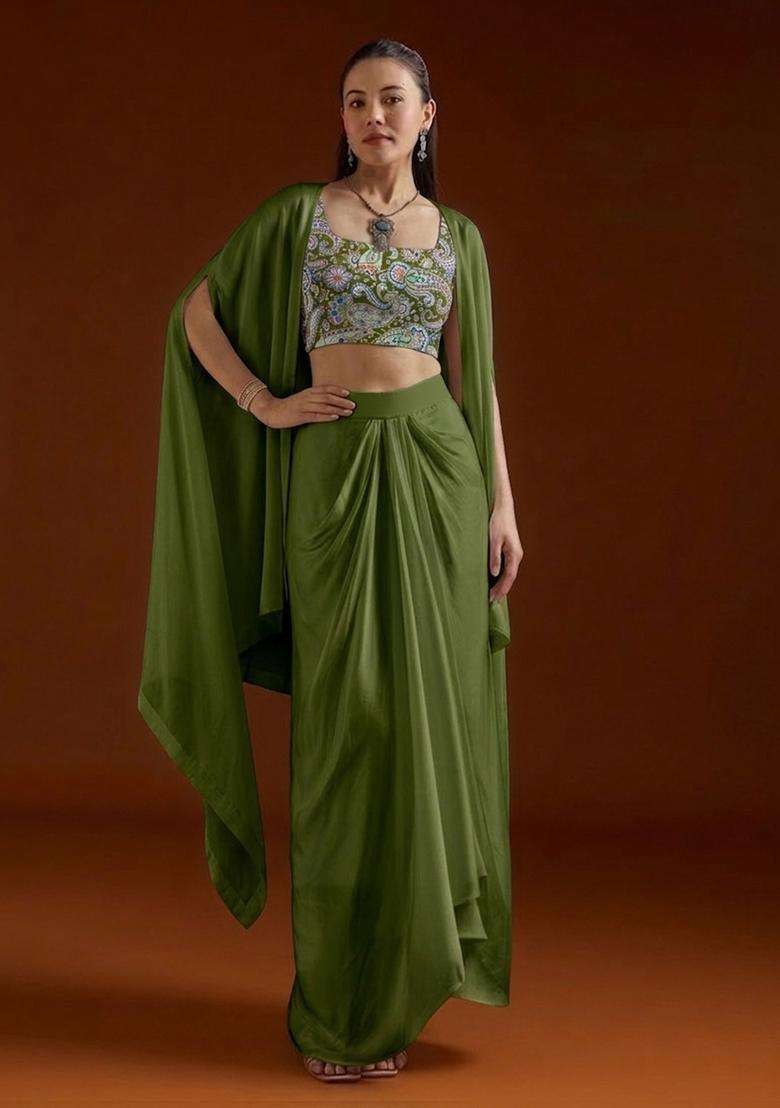 Olive Paisley Print Crepe Fusion Set - Indya