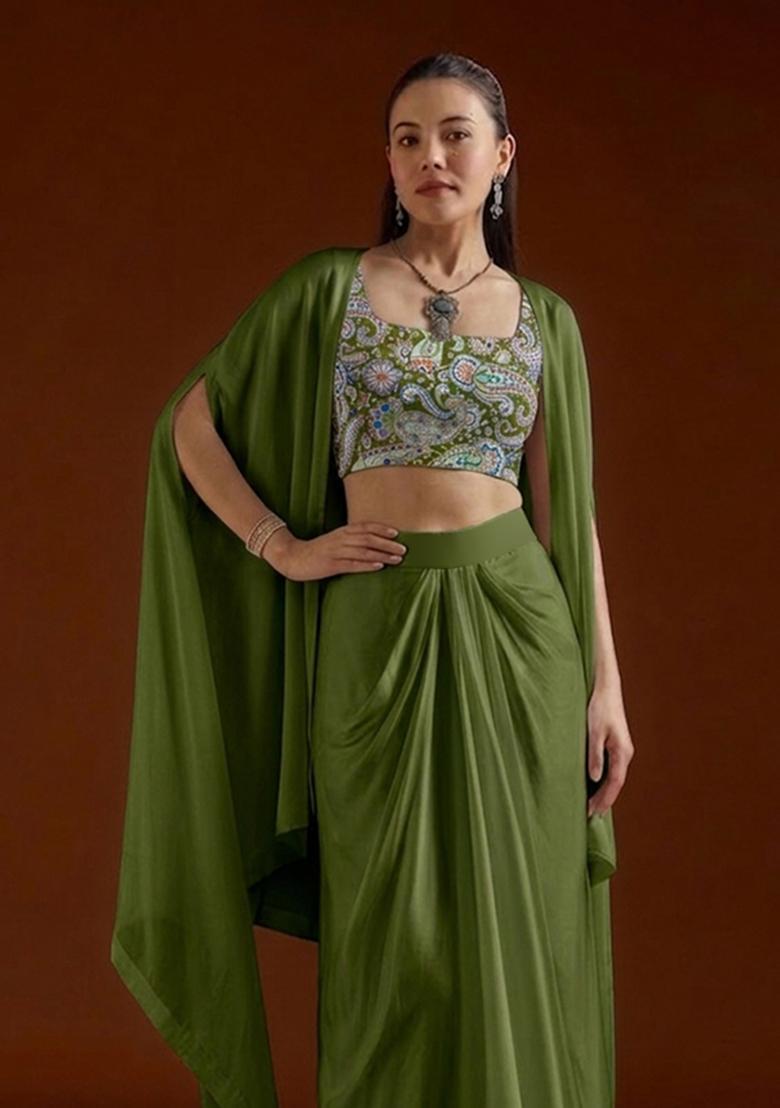Olive Paisley Print Crepe Fusion Set - Indya