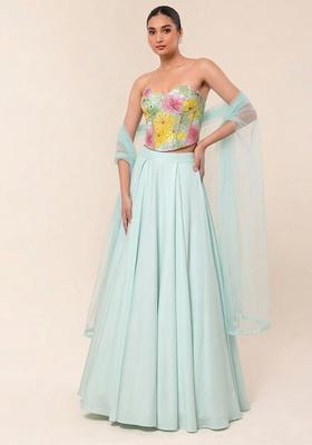 Sky Blue Floral Print Crepe Lehenga Set