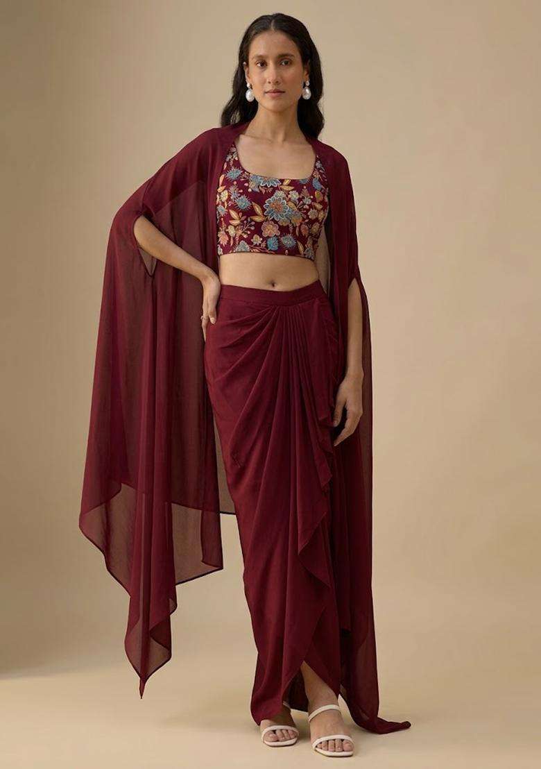 Maroon Floral Print Crepe Fusion Set - Indya