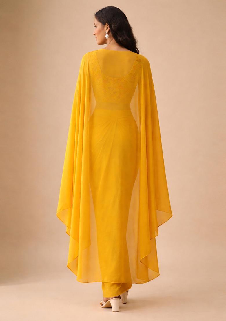 Yellow Floral Print Crepe Fusion Set - Indya
