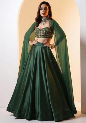 Olive Green Embroidered Handwork Lehenga Set