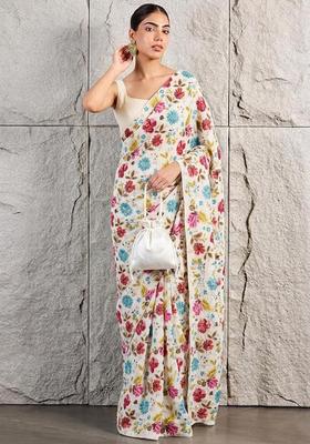 Off White Floral Print Crepe Pre Draped Saree Set