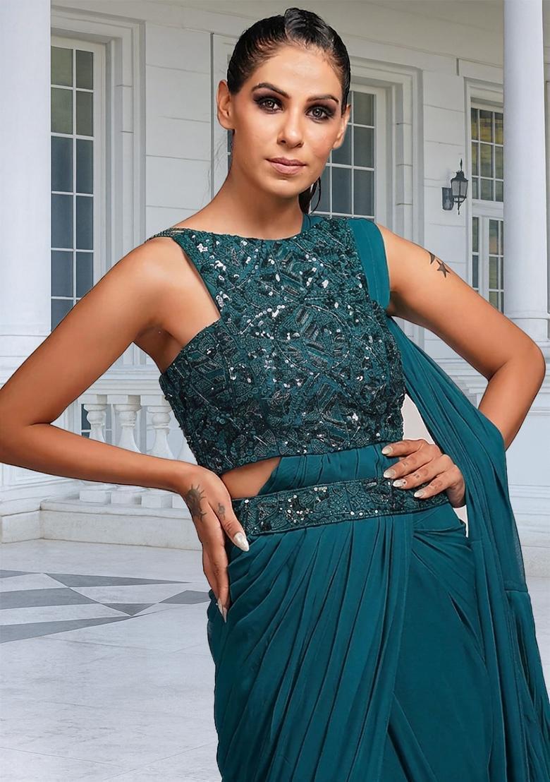 Green Embroidered Handwork Pre Draped Saree Set - Indya
