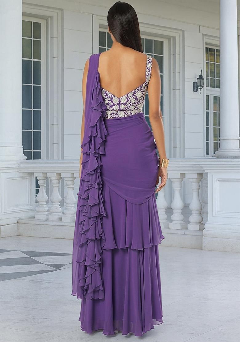 Dark Lavender Embroidered Handwork Pre Draped Saree Set - Indya