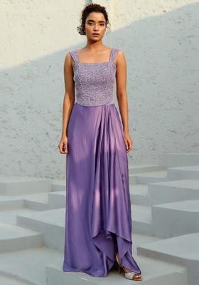 Lavender Embroidered Handwork Pre Draped Saree Set