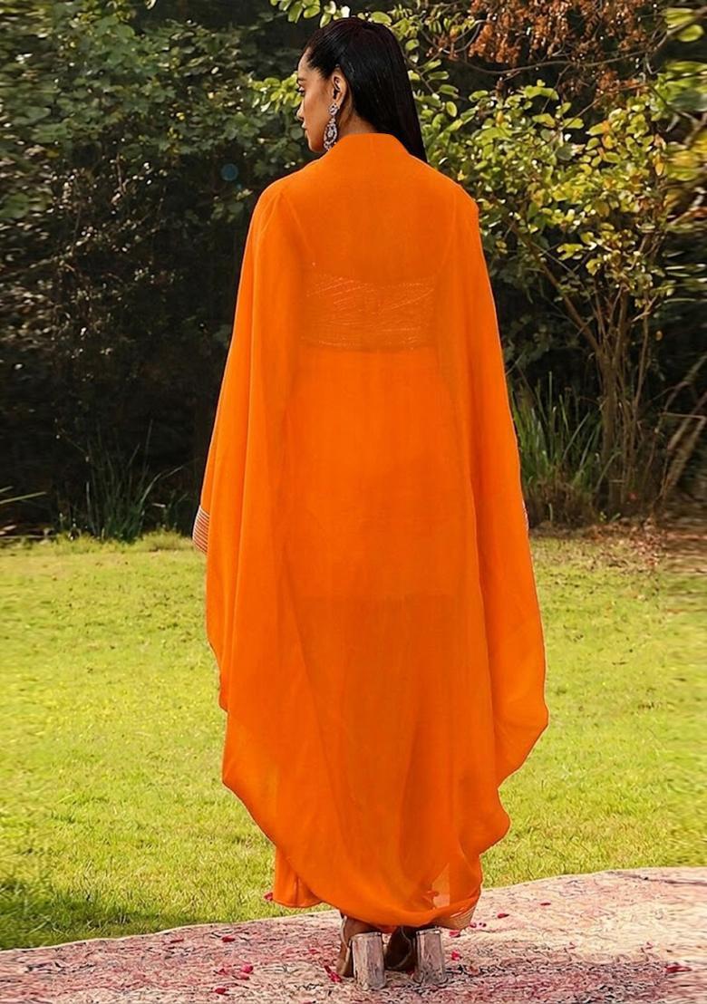 Orange Embroidered Handwork Fusion Set - Indya