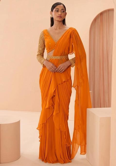 Orange Embroidered Handwork Pre Draped Saree Set