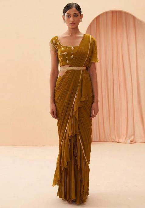 Yellow Embroidered Handwork Pre Draped Saree Set