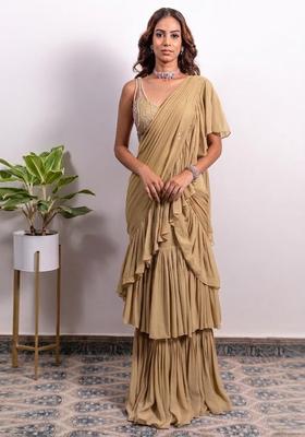 Beige Embroidered Handwork Pre Draped Saree Set