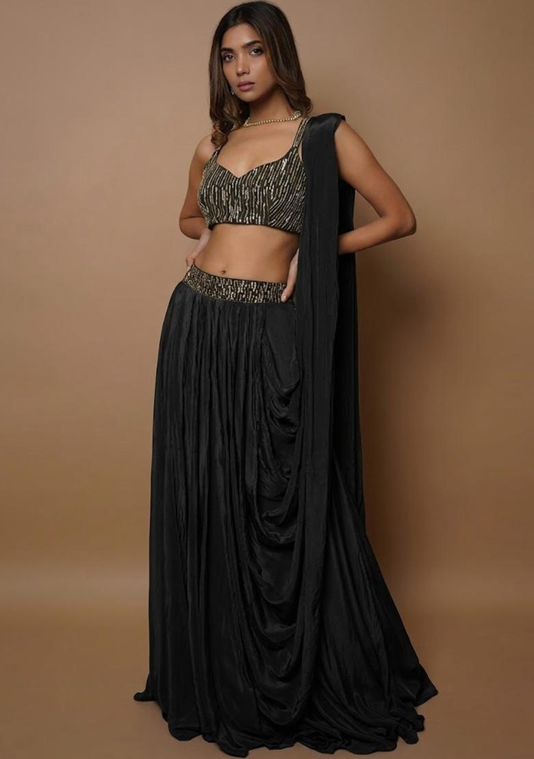 Black Embroidered Handwork Lehenga Set - Indya