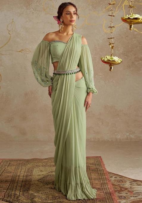 Green Embroidered Handwork Pre Draped Saree Set