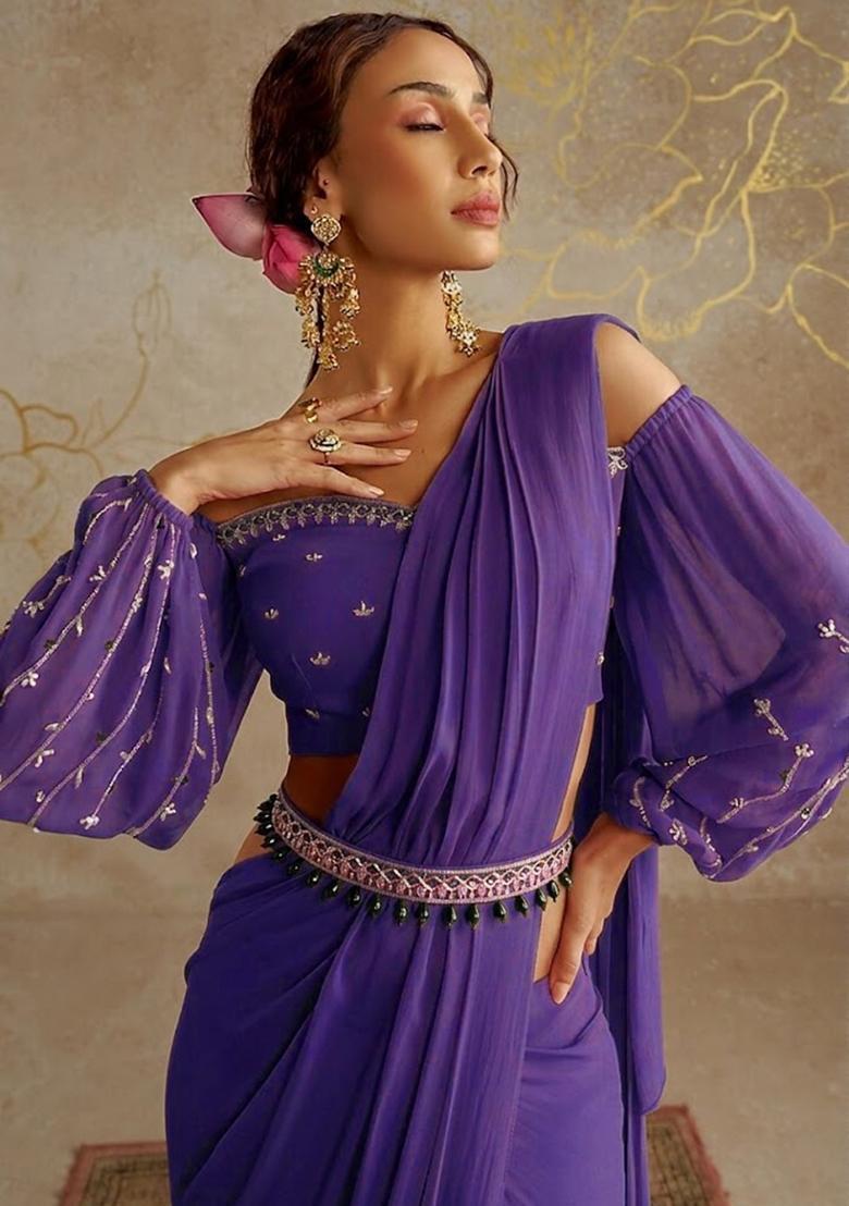 Lavender Embroidered Handwork Pre Draped Saree Set - Indya