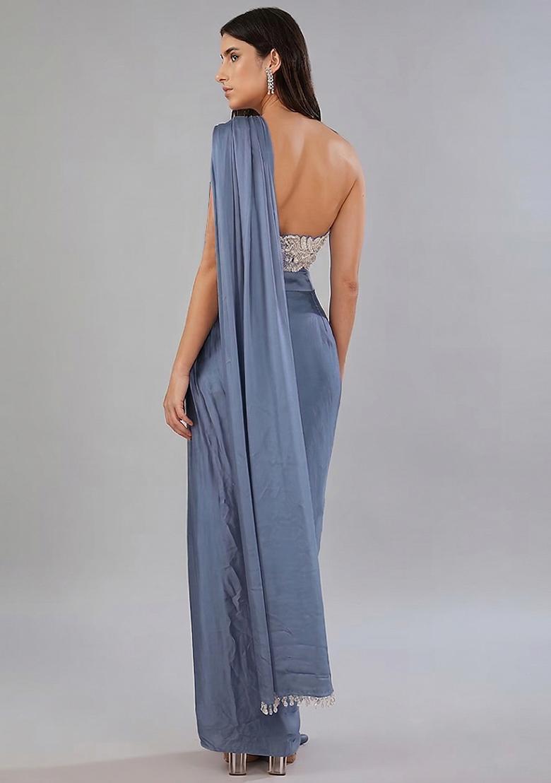 Grey Embroidered Handwork Pre Draped Saree Set - Indya