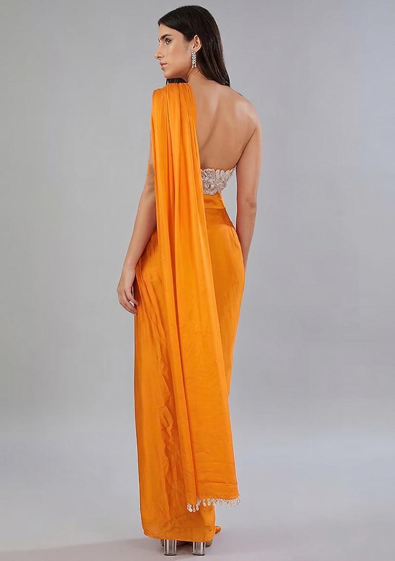 Orange Embroidered Handwork Pre Draped Saree Set - Indya