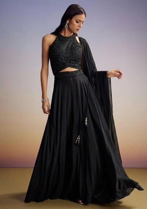 Jet Black Handwork Lehenga Set