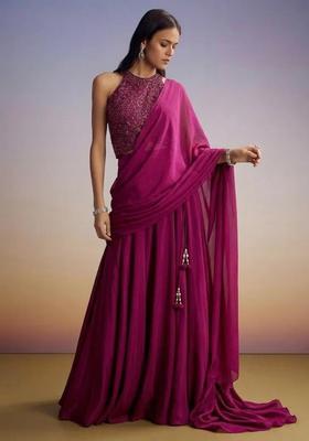Magenta Handwork Pre Draped Saree Set