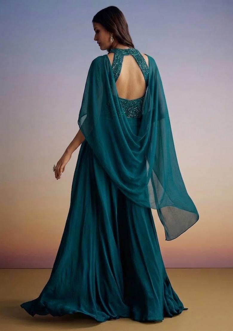 Teal Green Handwork Lehenga Set - Indya