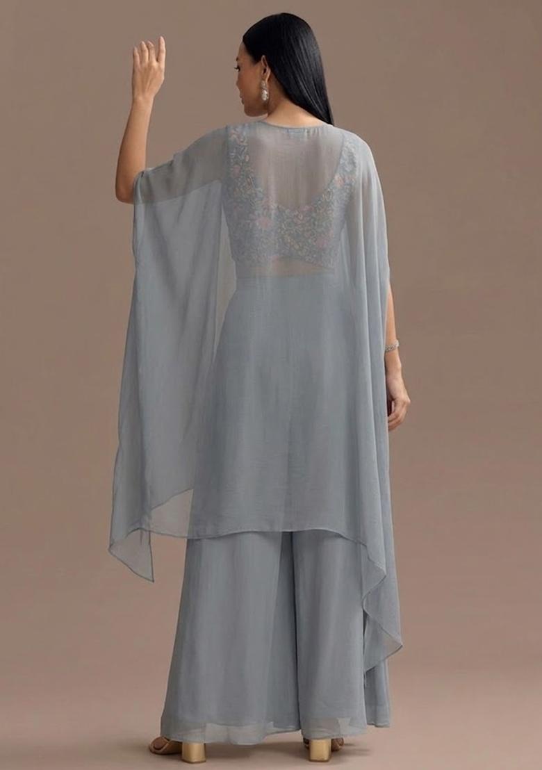 Steel Grey Sequin Crepe Sharara Set - Indya