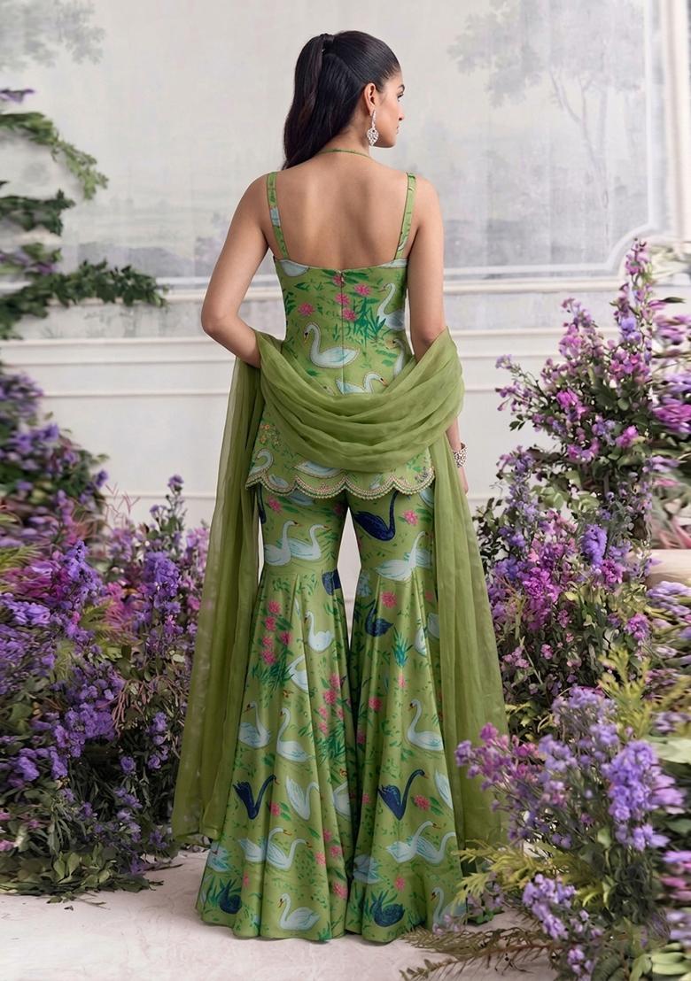 Olive Green Printed Handwork Satin Sharara Set - Indya