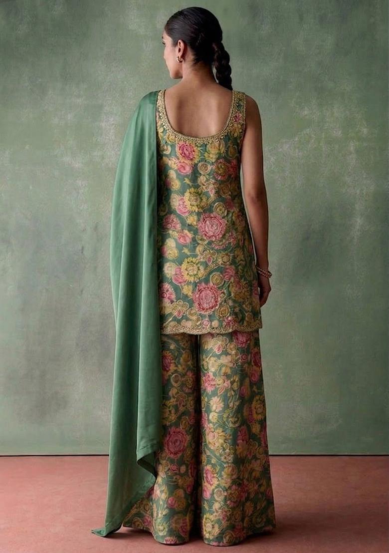 Teal Green Printed Handwork Satin Sharara Set - Indya