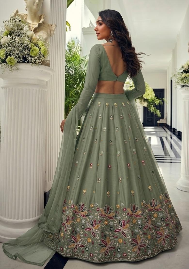 Sage Green Embroidered Moss Lehenga Set - Indya