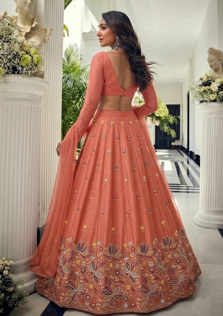 Peach Embroidered Moss Lehenga Set - Indya