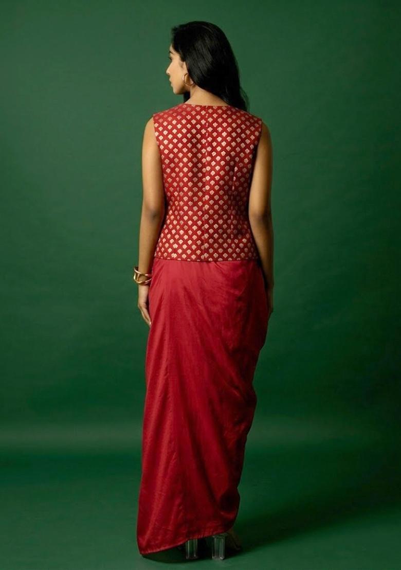 Maroon Jacquard Silk Blend Fusion Set - Indya
