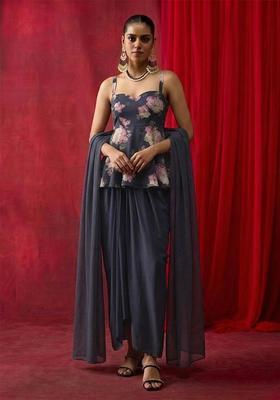 Navy Blue Printed Georgette Fusion Set