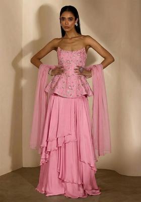 Baby Pink Embroidered Crepe Fusion Set