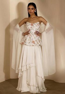 White Embroidered Crepe Fusion Set