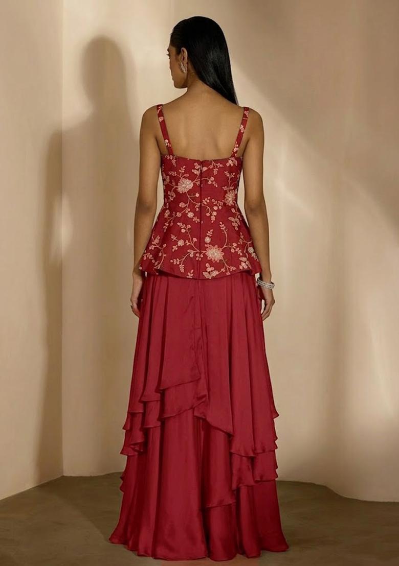 Maroon Embroidered Crepe Fusion Set - Indya