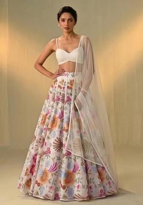 Ivory White Printed Organza Lehenga Set