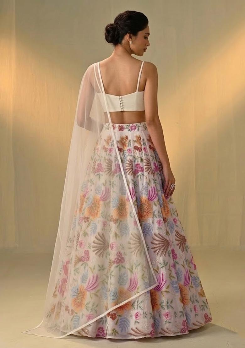 Ivory White Printed Organza Lehenga Set - Indya