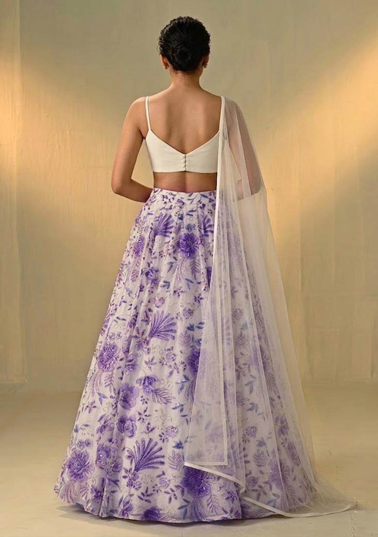 Ivory White Printed Organza Lehenga Set - Indya
