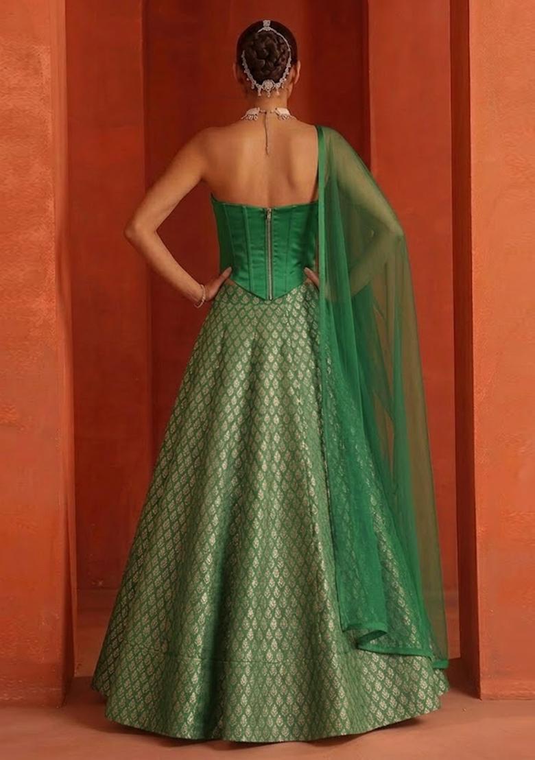 Emerald Green Jacquard Brocade Lehenga Set - Indya