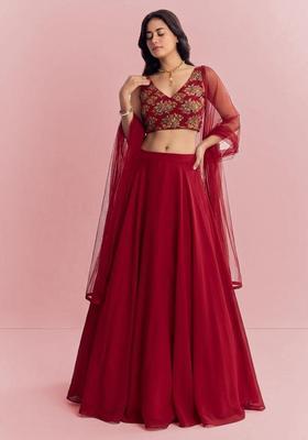 Maroon Embroidered Organza Lehenga Set