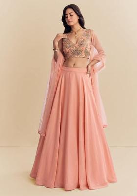Peach Embroidered Organza Lehenga Set