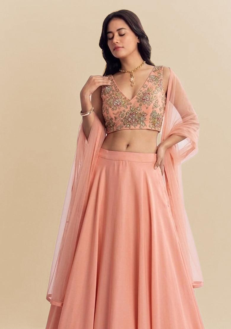 Peach Embroidered Organza Lehenga Set - Indya
