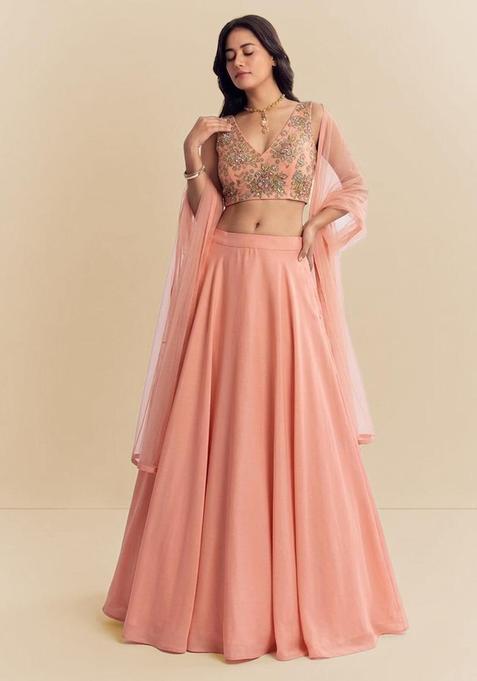 Peach Embroidered Organza Lehenga Set