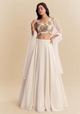 Off White Embroidered Organza Lehenga Set