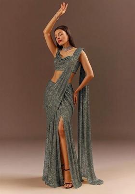 Charcoal Grey Embellished Lurex Pre Draped Saree Set