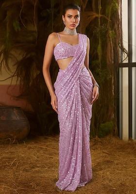Lilac Sequin Net Pre Draped Saree Set
