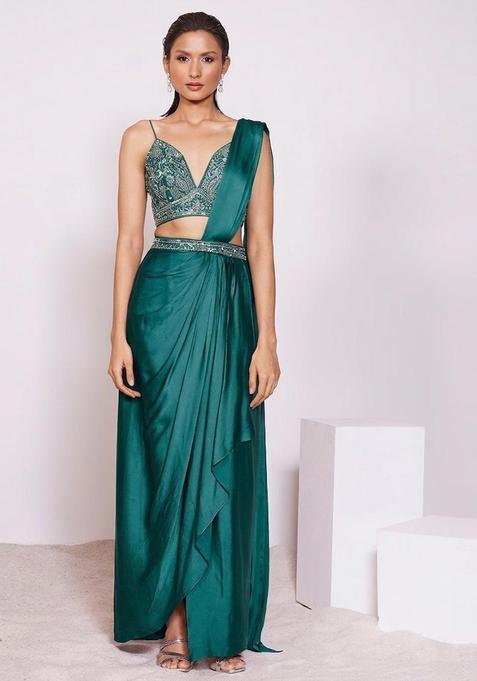 Emerald Green Handwork Pre Draped Saree Set