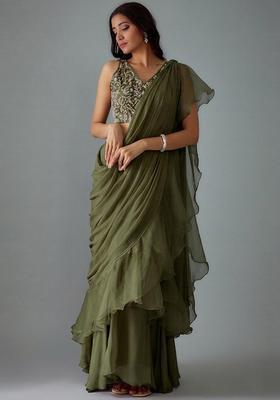 Olive Green Handwork Pre Draped Saree Set
