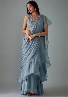 Dusty Blue Handwork Pre Draped Saree Set